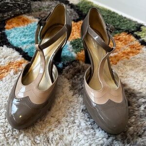 Naturalizer Two-Tone Taupe and Nude Patent T-Strap Heels
